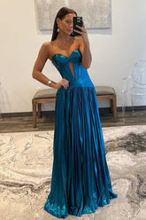 Peacock Blue Sweetheart Long Metallic A-Line Prom Dress With Leg Slit